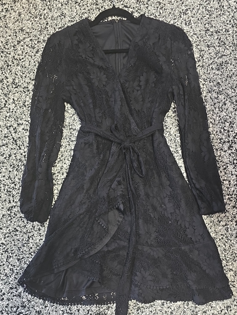 Black Lace Wrap Dress with Tie Waist